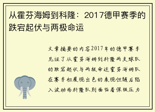 从霍芬海姆到科隆：2017德甲赛季的跌宕起伏与两极命运