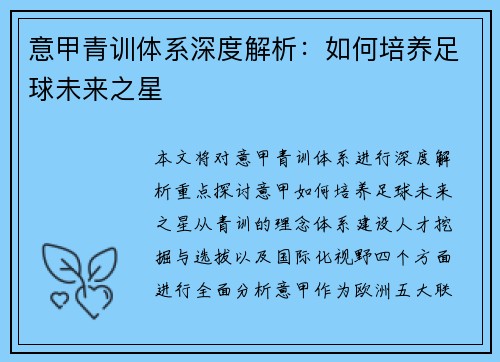 意甲青训体系深度解析：如何培养足球未来之星